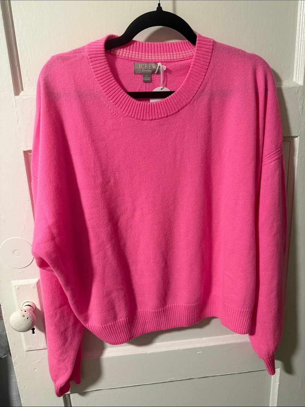 J. Crew Neon Geranium Pink Sleeve Crewneck 100% Cashmere Sweater Medium CT389